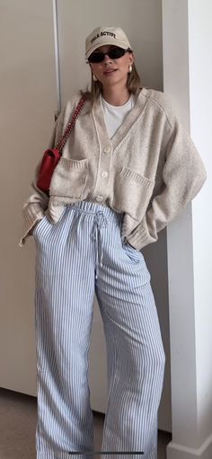 Winter Costal Granddaughter, Blue Stripe Pants Outfit, Blue Striped Linen Pants Outfit, Striped Pants Outfit Aesthetic, Warm Vacation Outfits, Linen Pants Outfit Spring, Beach Winter Outfit, Blue Striped Pants Outfit, Stripe Pants Outfit