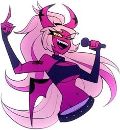 a cartoon character with pink hair holding a microphone