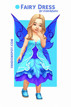 a girl in a blue dress is standing with her hand on her face and the words fairy