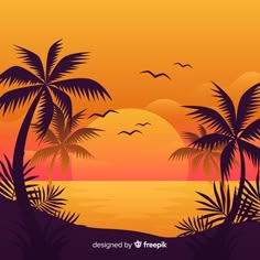 sunset with palm trees and birds flying in the sky over the ocean, flat design