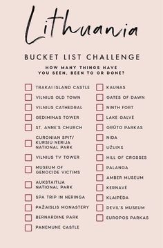 a list with the words, bucket list challenge and checklist in black on a pink background