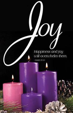 purple candles and pine cones with the words joy