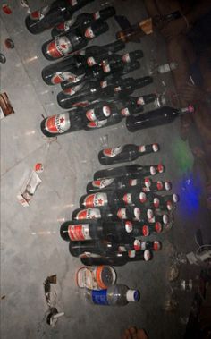 several bottles of beer are lined up on the floor