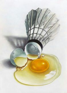 an oil painting of eggs and feathers on a white background