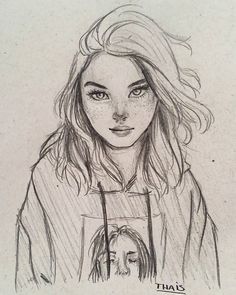 a drawing of a girl with long hair wearing a hoodie and looking at the camera