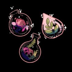 three glass vases with flowers and leaves in them on a black background, one is hanging upside down