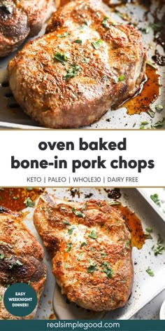 oven baked bone - in pork chops with parsley on top and the title overlay reads oven baked bone - in pork chops