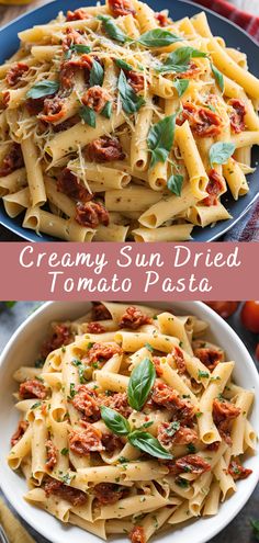 creamy sun dried tomato pasta with basil in a white bowl and on a blue plate