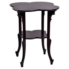 a black table with an oval shaped shelf on the bottom and one drawer at the top