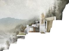 an artistic rendering of a house on the edge of a cliff with mountains in the background