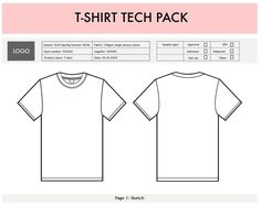 the t - shirt tech pack is shown in black and white, with text underneath it