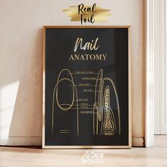 a black and gold poster with the words nail anatomy on it in front of a white wall