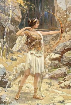 a painting of a woman with a bow and arrow in her hand standing on rocks