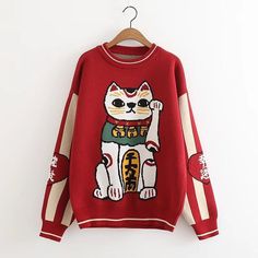 size chart: Embroidery Red, Cat Dad Gifts, Winter Fashion Jackets, Women Cartoon, Cat Embroidery, Style Kawaii, Cat Sweater, Cat Sweatshirt, Long Sleeve Pullover Sweater