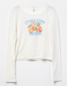 FULL TILT Orange Girls Long Sleeve Baby Tee - CREAM | Tillys Fitted Screen Print Tops For Spring, Cute Spring Tops With Screen Print, Cute Screen Print Tops For Spring, Cute Tops With Screen Print For Spring, Cute White Tops For Fall, Cute Long Sleeve Tops With Text Print, Spring Long Sleeve Screen Print Tops, Long Sleeve Screen Print Tops For Spring, Tillys Outfits