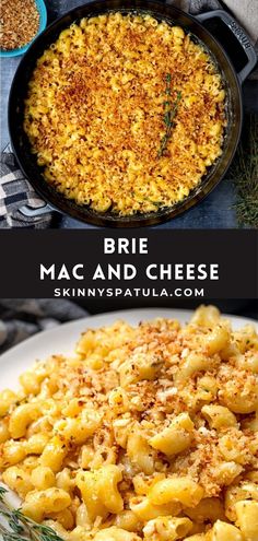 macaroni and cheese in a skillet with rosemary sprinkled on top