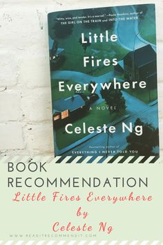 the book cover for little fires everywhere by celesie no is sitting on top of a stack of books