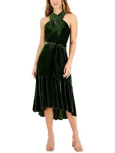 Velvet Halter Dress, Womens Velvet Dresses, Green Velvet Dress, Velvet Midi Dress, Dress Halter, Holiday Party Outfit, Taylor Dress, Review Dresses, Ruffle Hem Dress