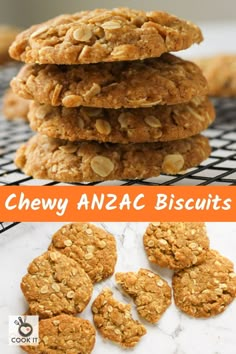 chewy anzac biscuits are stacked on top of each other with the words chewy anzac biscuits