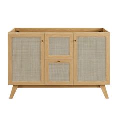 the sideboard is made from wood and has two doors, one with three compartments