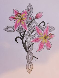 a drawing of some flowers on a white paper with an intricate knot in the middle