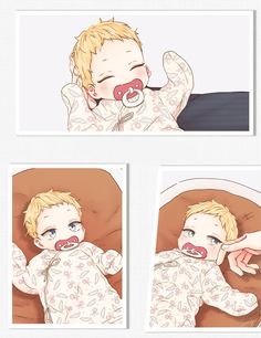 four pictures of a baby laying in bed with pacifiers on his nose and mouth