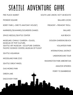 the seattle adventure guide is shown in this black and white poster, with an image of space needle