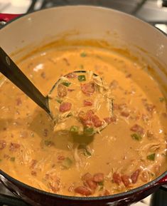 a ladle full of soup on top of a stove