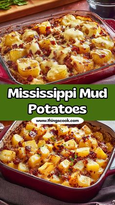 mississippi mud potatoes in a red casserole dish