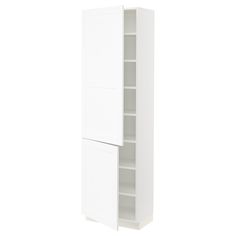 a tall white cabinet with doors and shelves