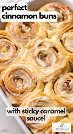 cinnamon buns with sticky caramel sauce in a casserole dish