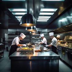 three chefs are preparing food in a large industrial style kitchen with black counters and stainless steel appliances