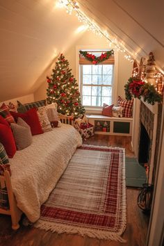 a bedroom decorated for christmas with lights on the ceiling