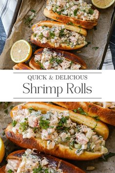 This East Coast Shrimp Rolls recipe will make you feel like you are spending the day along the Atlantic. The recipe combines shrimp with a scrumptious herb mayo and buttered bun for a New England experience no matter where you live. Visit Sugar Maple Farmhouse to find the full recipe for Shrimp Rolls. Shrimp Lobster Roll, Crab And Shrimp Roll, Shrimp Hoagie Sandwiches, New England Shrimp Rolls, Old Bay Shrimp Rolls, Shrimp Hamburger Recipes, Recipes Using Tiny Canned Shrimp, Lobster Roll Sandwich, Quick Seafood Dinner