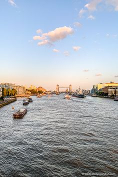 several boats on the water in front of some buildings and a bridge with a sky background