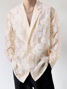 Men Feminine Outfit, Ethereal Outfit Men, Feminine Men Aesthetic, Lacoste Outfit, Dancing Photoshoot, Textiles Ideas, Sheer Jacket, Lace Short Sleeve Top