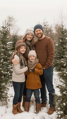 a family standing in front of a christmas tree