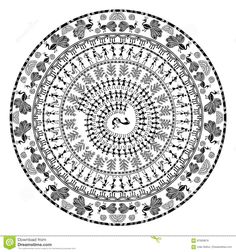 an abstract circular design with flowers and leaves in the center, black on white background