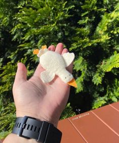 a hand holding a small stuffed animal in it's left palm, with trees in the background