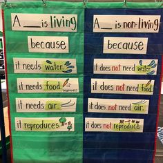 a poster with words written on it in front of a classroom wall that says, a is living and a is not living