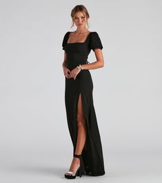 Denali Formal Puff Sleeve Long Dress | Windsor Floor Length Formal Dresses, Prom Dress Short Sleeves, Semi Formal Dresses Maxi, Black Tie Wedding Guest Dress Plus Size Long Sleeve, Black Formal Outfits Women Dresses, Prom Dresses Puff Sleeves, Denali Formal Puff Sleeve Long Dress, Black Short Sleeve Bridesmaid Dress, Black Winter Formal Dresses Long Sleeve