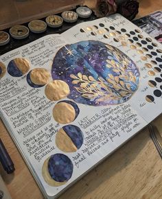 an open notebook with gold and blue moon phases on the page, surrounded by other items