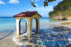 a gazebo on the shore of a tropical beach with clear blue water and trees in the background