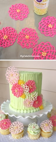 two pictures with cupcakes and a cake on the bottom one is decorated in pink and green