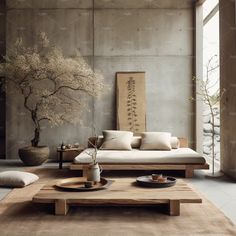 a living room with a couch, coffee table and potted tree