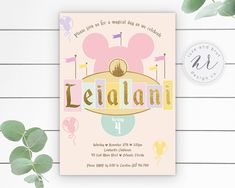 a pink and yellow mickey mouse birthday party card with the name leilania on it