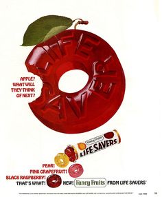 an advertisement for life savers with the word apple on it's back side