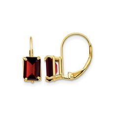 Rectangular rich red garnet gemstones sit in crafted 14 karat yellow gold in these beautiful lever-back earrings. 7x5mm 2.50 Carat (ctw) Emerald-Cut Garnet Leverback Earrings in 14K Yellow Gold Size: one size.  Gender: female.  Age Group: adult. Fine Jewelry Garnet Rectangular, Elegant Yellow Gold Garnet Earrings, Red Gemstone Earrings In 14k Gold, Faceted Garnet Earrings In Gold, Elegant Faceted Garnet Earrings, Leverback Earrings, Garnet Gemstone, Emerald Cut, Red Garnet