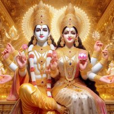 two deities sitting in front of a golden background