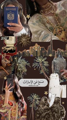 the collage has many different pictures and words on it, including an image of a woman holding a book